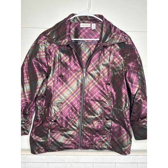 Chico's Plaid Rain Jacket, Pockets - Shimmering Plaid Purples/Greens -Size L (2) - Picture 1 of 5